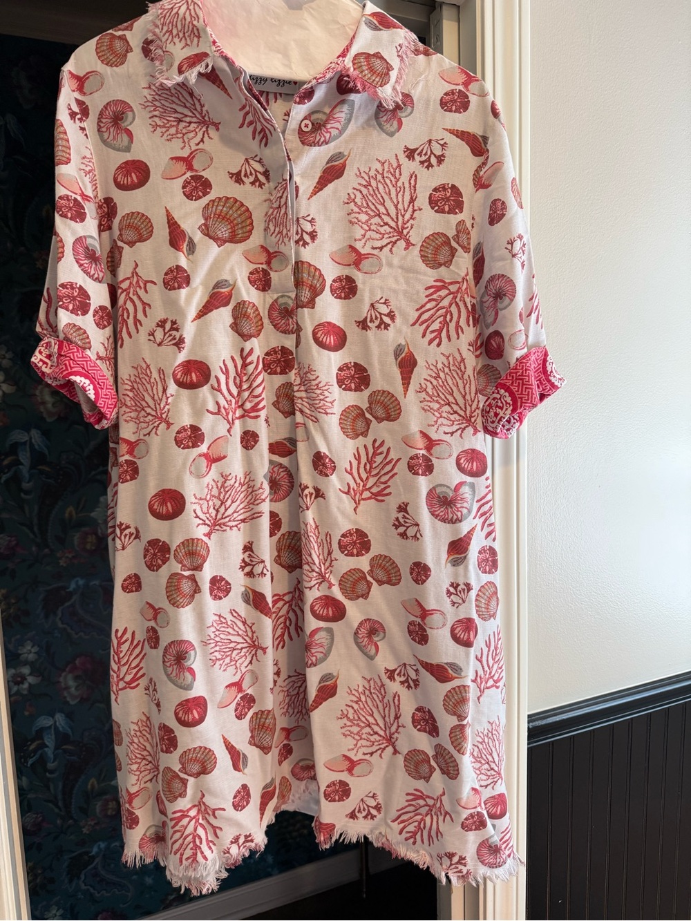 Linen/ Cotton Dizzy Lizzy Women’s Coral Shell-Print Button-Front Dress
